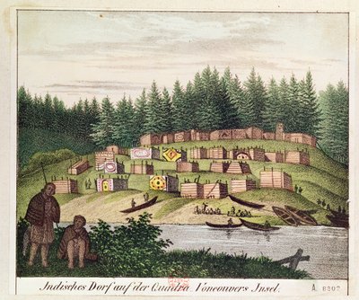 Indiaans kampement op Quadra Island, Vancouver Islands (kleurgravure) door German School